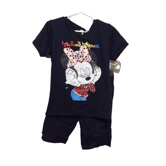 DISNEY Minnie Mouse Short Sleeve Top Short Set  6T (130) Navy Blue Cotton Polyes - Picture 1 of 7